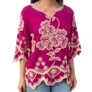 Anthropologie Solitaire Womens Popover Bright Pink Embroidered Rayon Size Medium